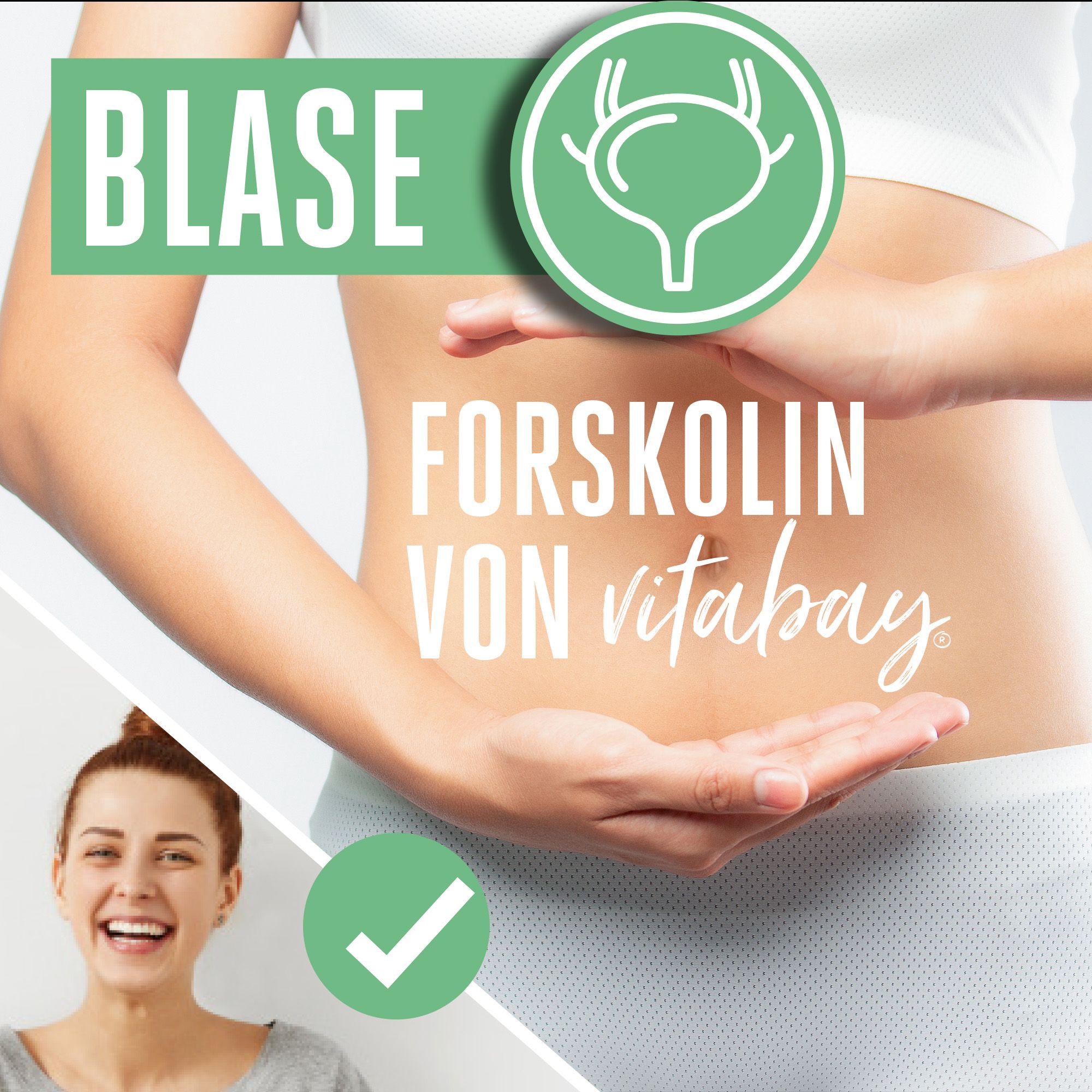 Bauchbereich einer Frau mit Händen, die den Schriftzug 'Blase' und ein Blasensymbol zeigen.