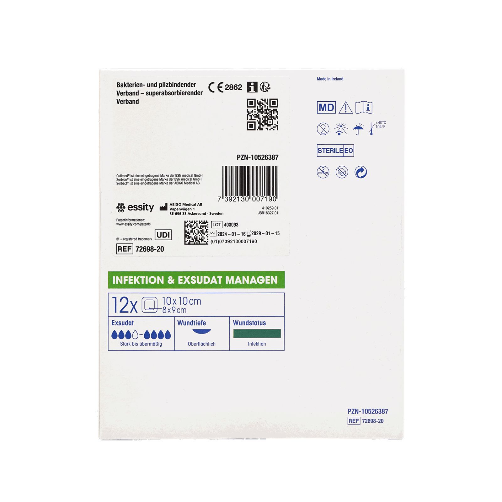 Rückseite der Verpackung. Aufschrift: Cutimed Sorbion Sorbact. Informationen zu Hersteller, Chargennummer, Größe 10x10 cm, Steril.