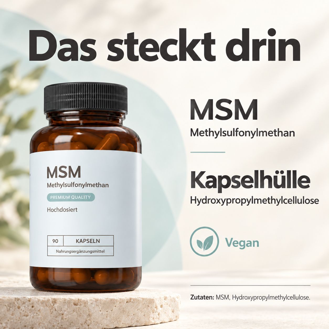 Braune Flasche mit 90 MSM-Kapseln (Methylsulfonylmethan) aus Hydroxypropylmethylcellulose. Vegan.