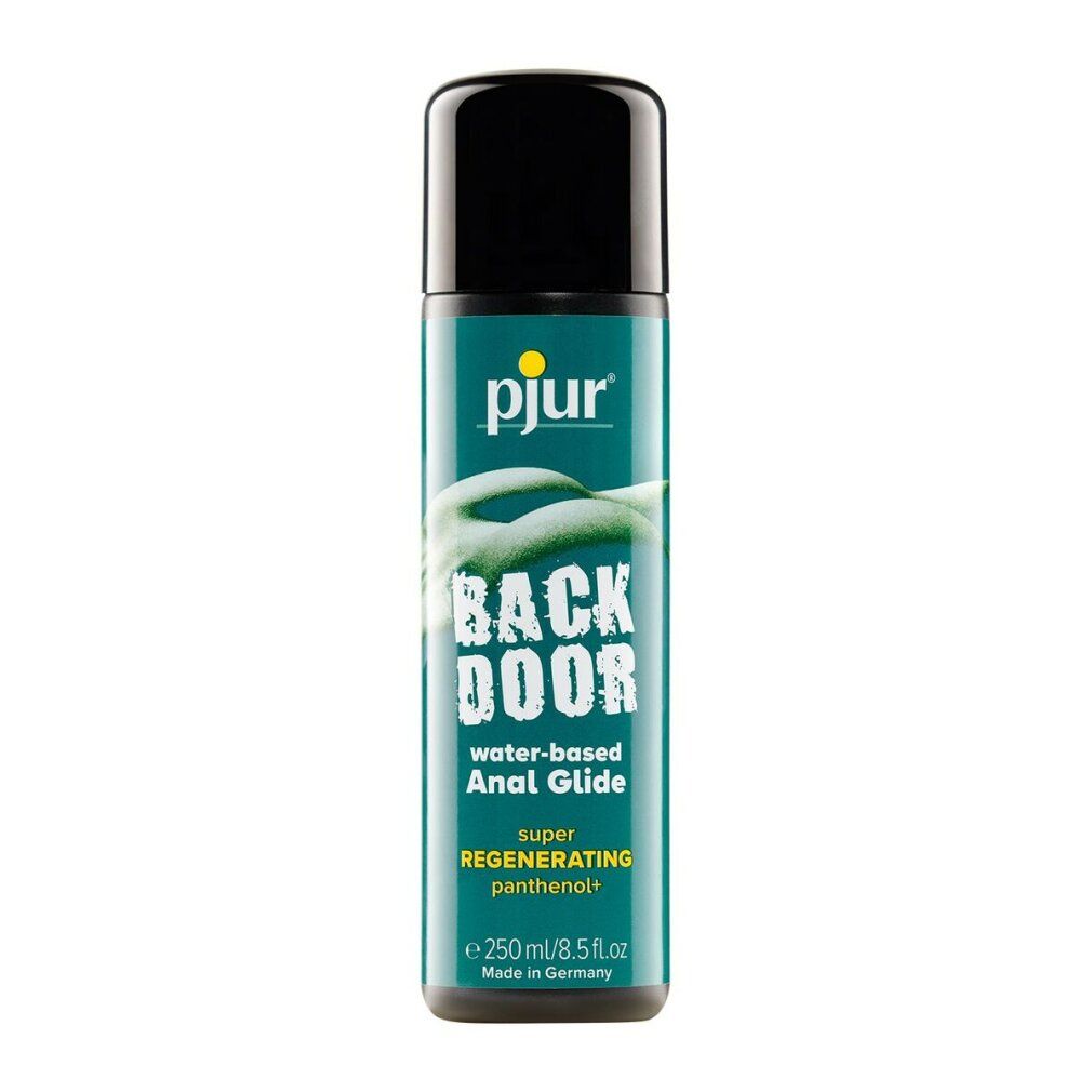 Pjur Back Door Anal Glide Flasche. Grün-weißes Etikett mit Produktnamen und Logo. Schwarzer Deckel. 250 ml.