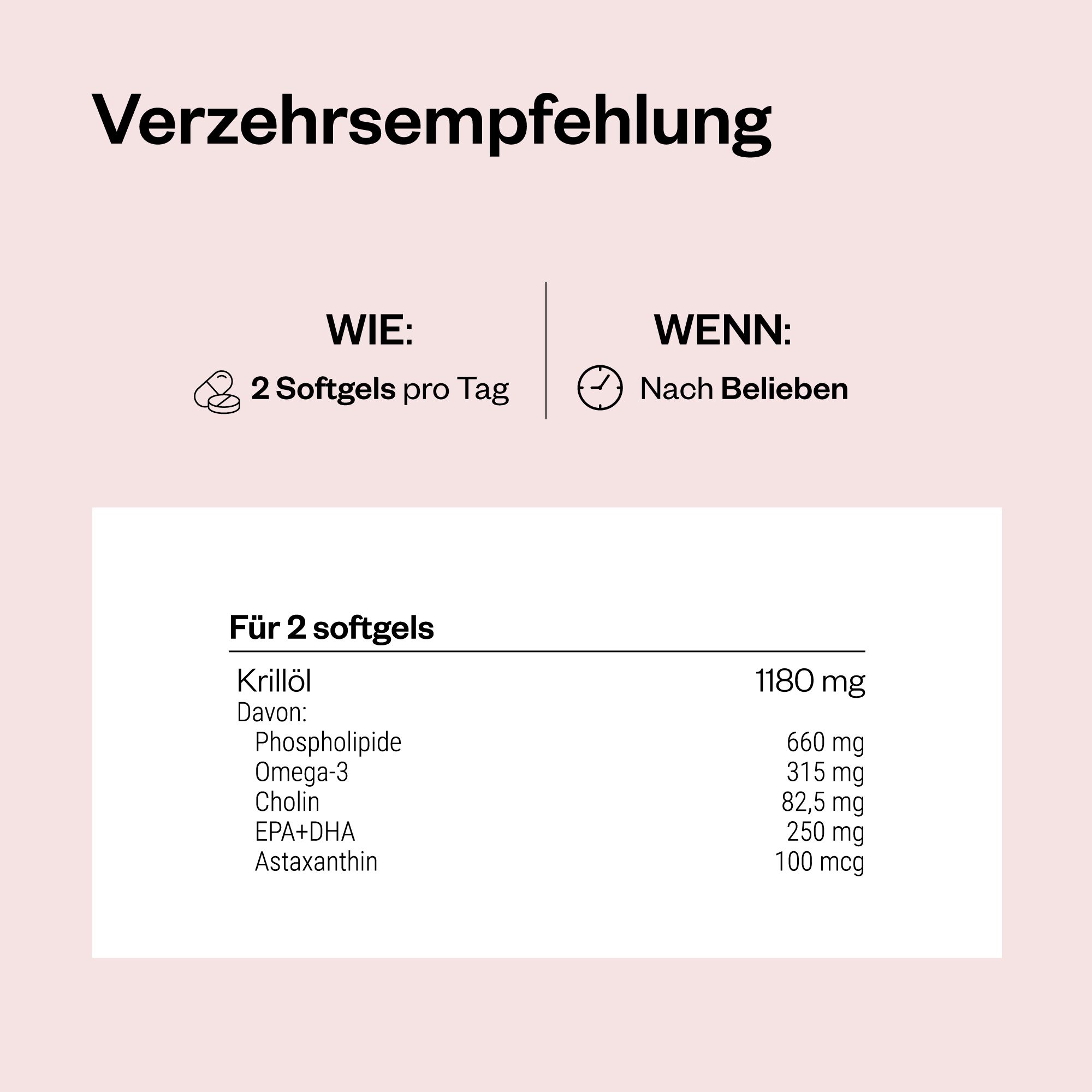Text: Verzehrsempfehlung. 2 Softgels pro Tag. Nährwertangaben pro 2 Softgels: Krillöl, Phospholipide, Omega-3, Cholin, EPA+DHA, Astaxanthin.