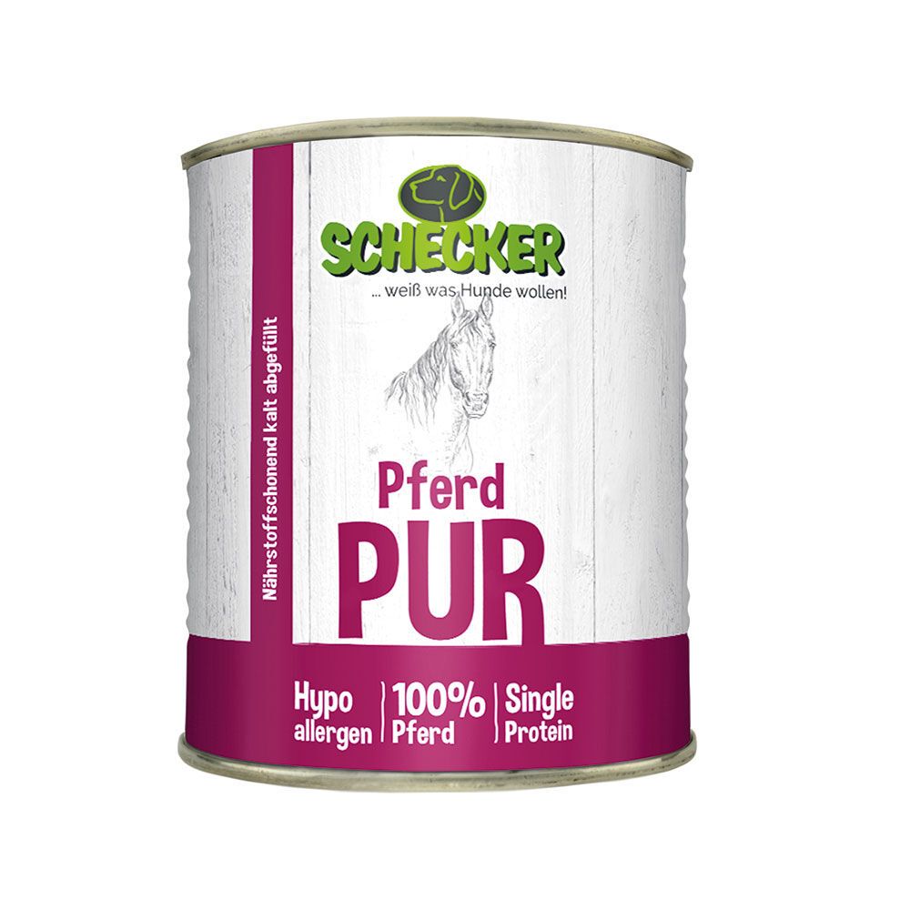 Zylindrische Dose mit lila Etikett. Aufschrift "Schecker Pferd PUR". Logo mit Hund und Pferd. Text: Hypoallergen, 100% Pferd, Single Protein.