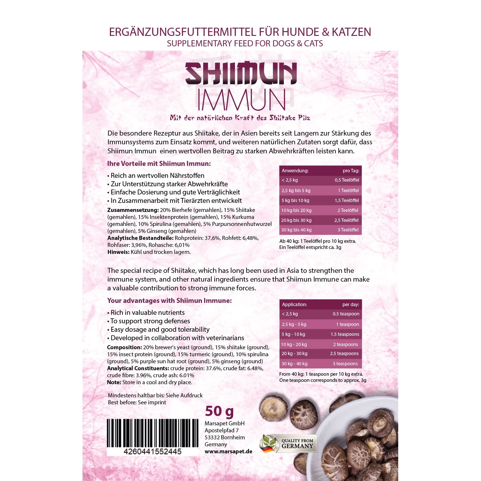 Rückseite der Produktverpackung. Text: Ergänzungsfuttermittel für Hunde & Katzen. Shiimun Immun. Inhaltsstoffe und Anwendung.