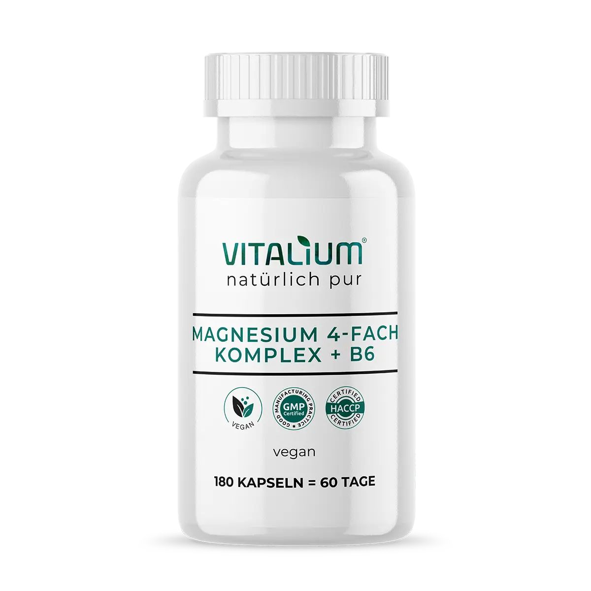 Weiße Flasche mit Kapseln. Aufschrift: Magnesium 4-fach Komplex + B6. Vegan, 180 Kapseln = 60 Tage.