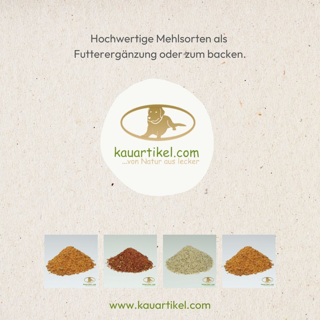 Vier verschiedene Mehlsorten als Tierfutterzusatz oder zum Backen.