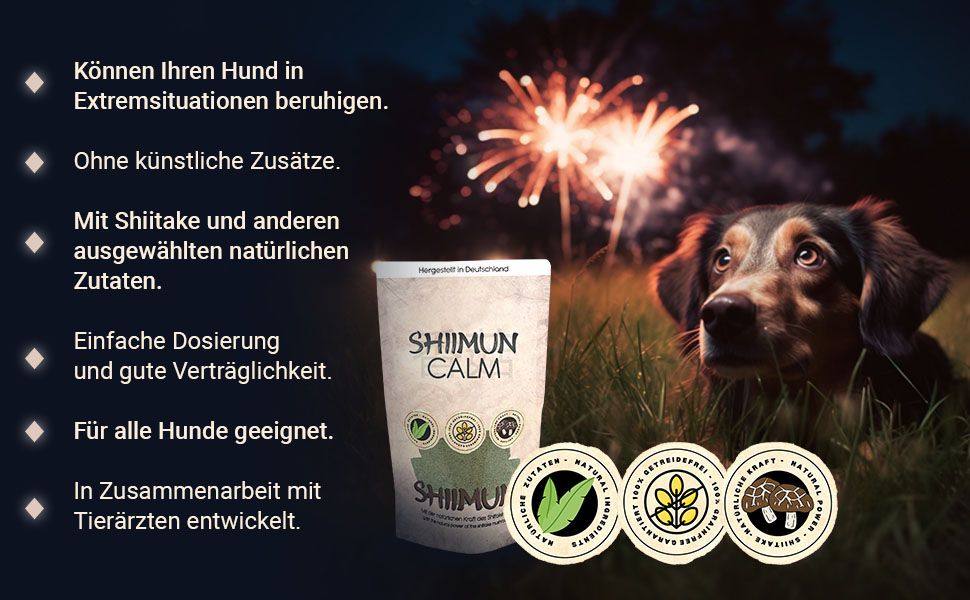 Produktverpackung Shiimun Calm neben Hund und Feuerwerk. Text: Shiimun Calm, entwickelt mit Tierärzten. Logos: Natur, Qualität, Kraft.