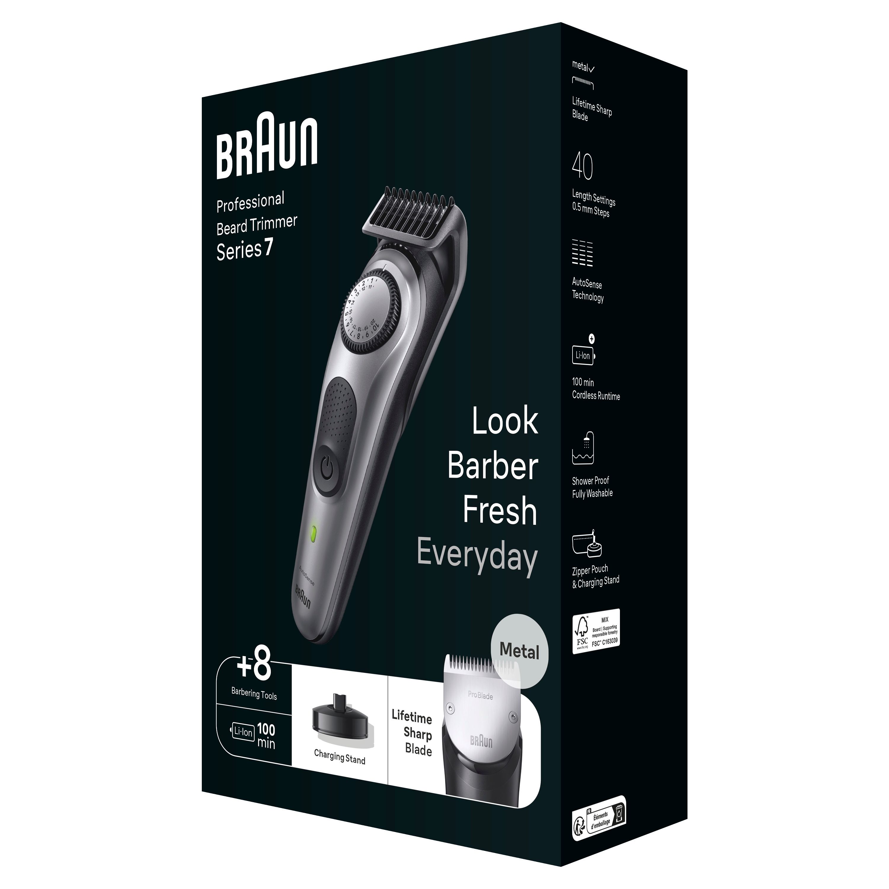 Produktverpackung des Barttrimmers Braun Series 7. Graue Tondeuse, Zubehör, Text: Look Barber Fresh Everyday.
