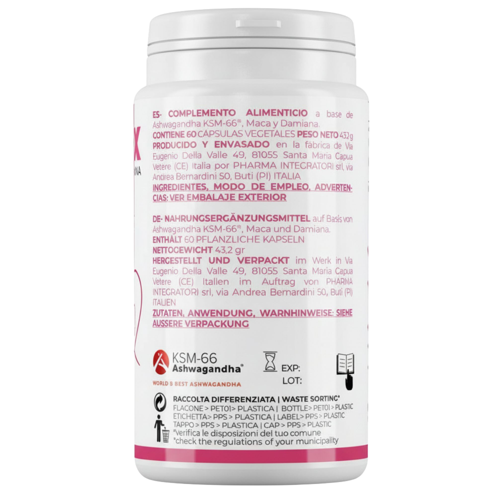 Weißes Pillenbehälter mit rosa Etikett. Text: LOVE MAX, 60 Kapseln. Rückseite mit Inhaltsstoffen und Herstellerinformationen.