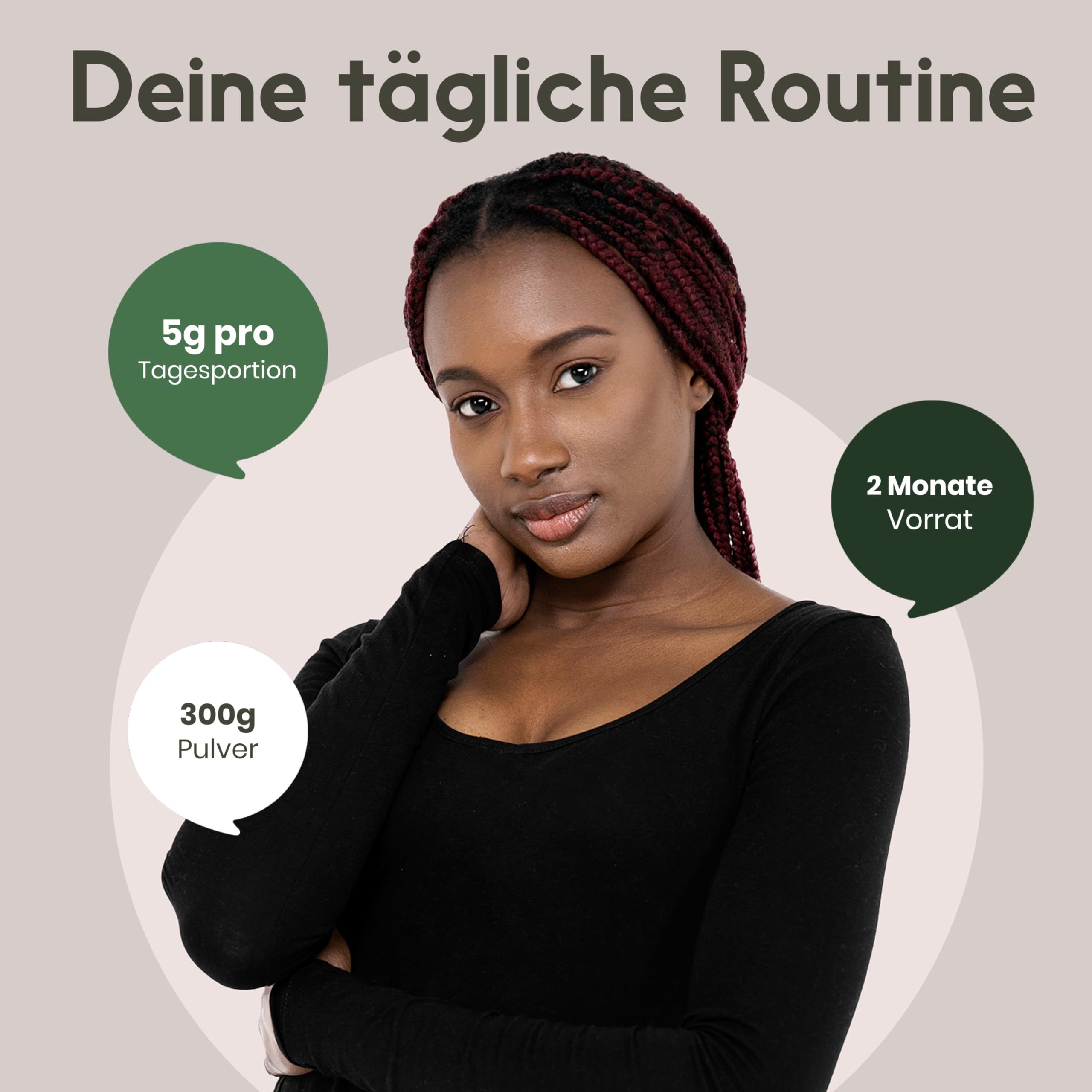 Frau mit Zöpfen. Sprechblasen: 5g pro Tagesportion, 2 Monate Vorrat, 300g Pulver. Text: Deine tägliche Routine.