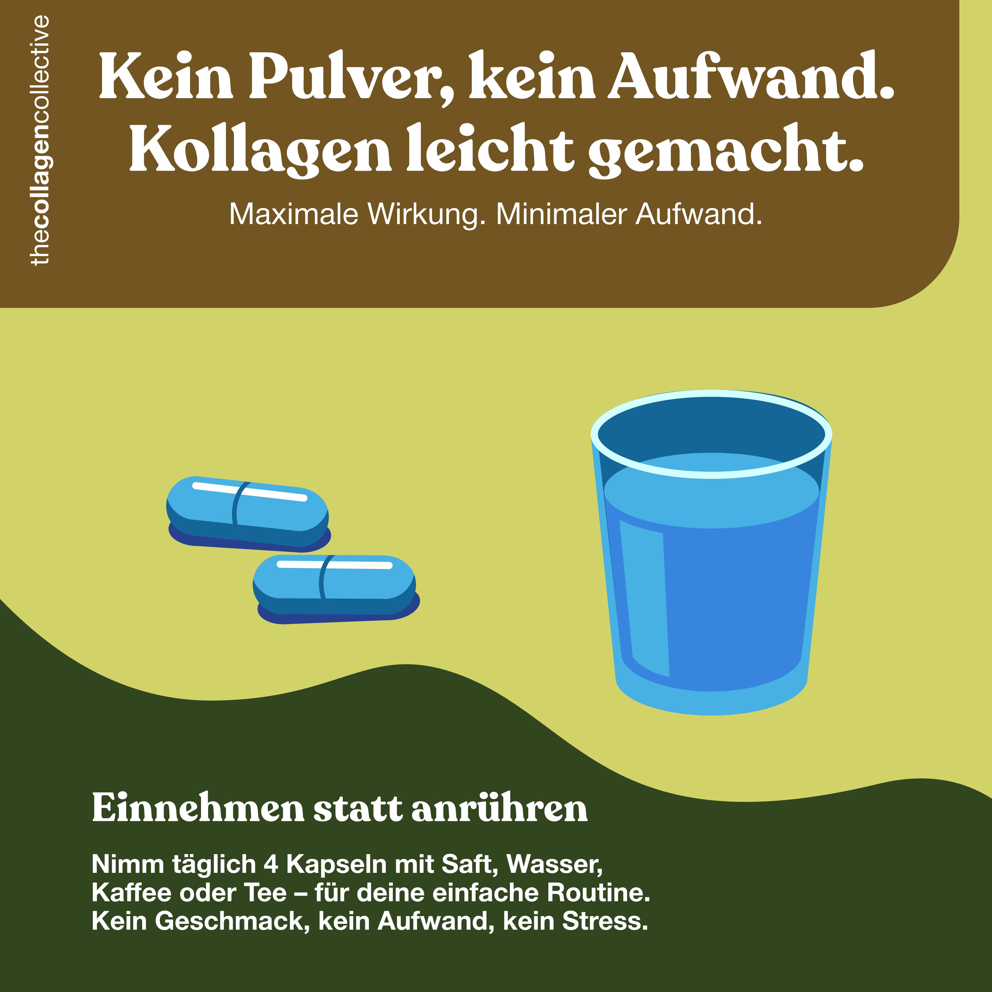 Zwei blaue Kapseln neben einem Glas Wasser. Text in deutscher Sprache.