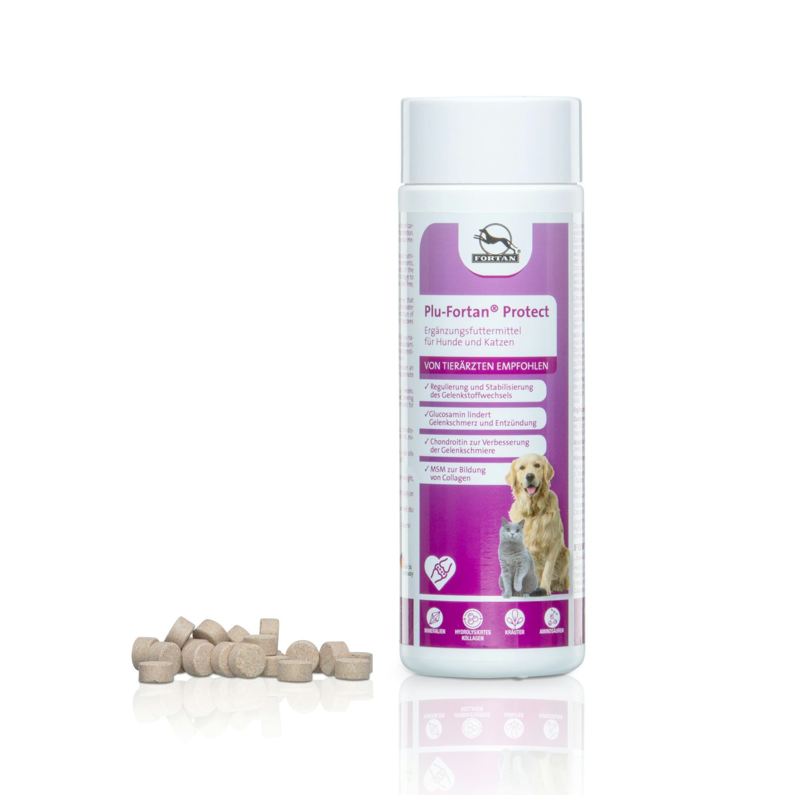 Plu-Fortan Protect Tabletten für Hunde und Katzen. Flasche und Tabletten daneben. Lila Etikett mit Logo und Produktabbildung.