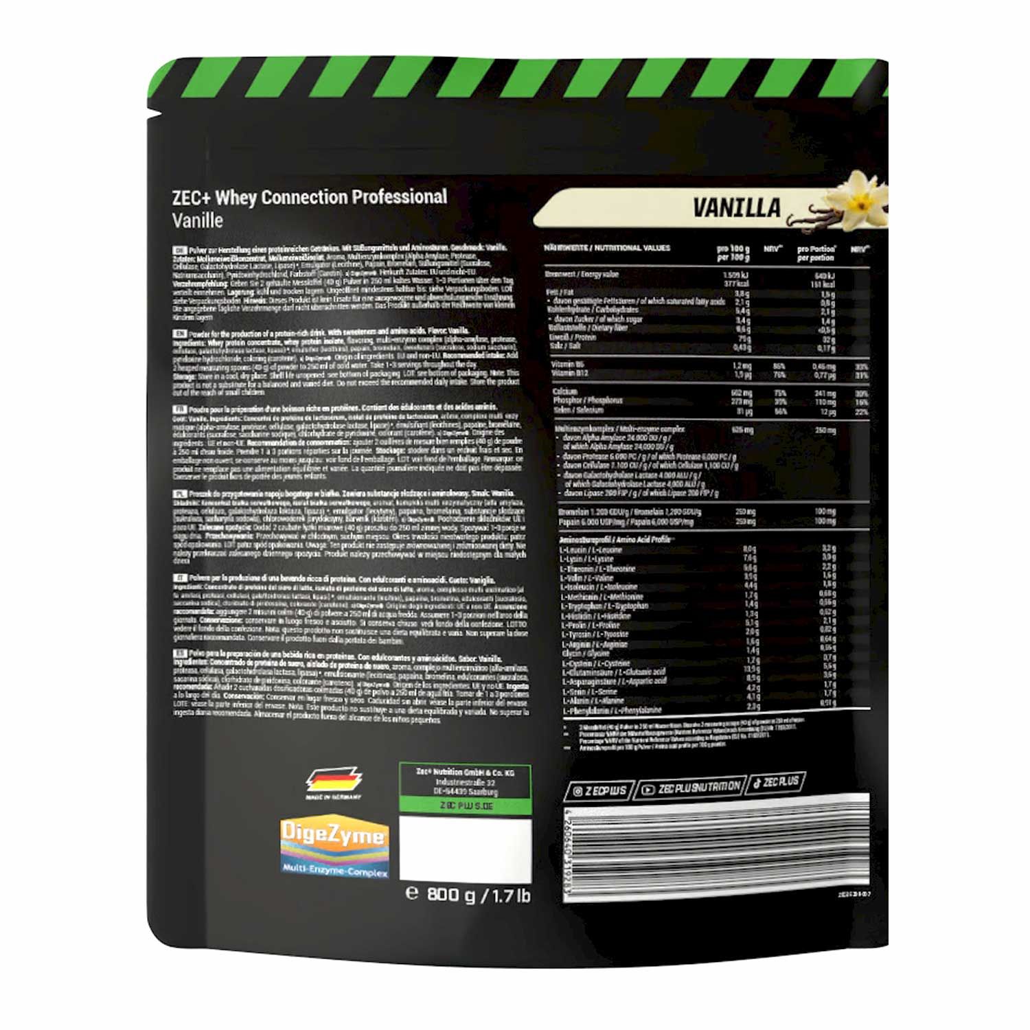 Rückseite des ZEC+ Whey Connection Professional Vanille Beutels. Enthält Nährwertangaben, Zutatenliste und Informationen.