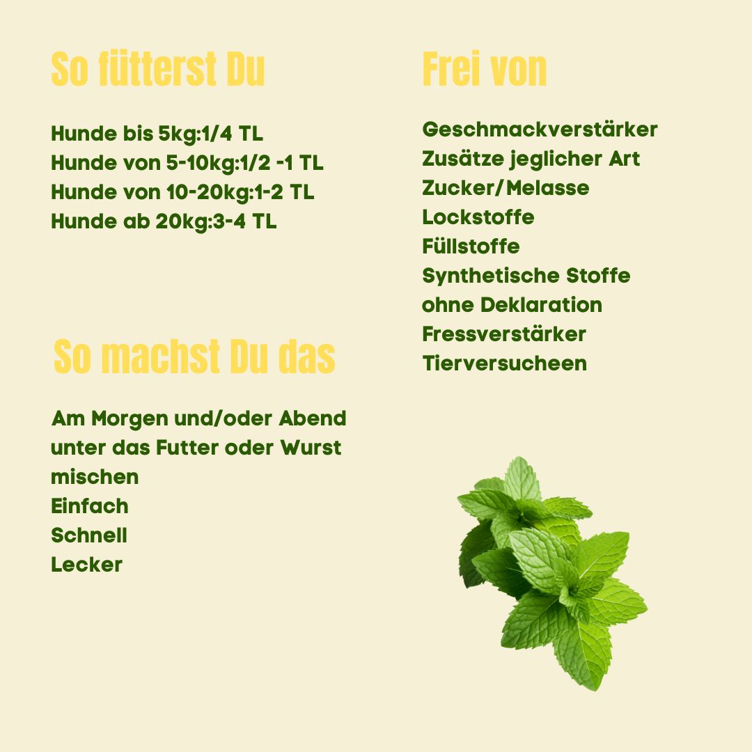 Text: Dosierungsempfehlung für Hunde. Text: Frei von Geschmacksverstärkern, Zucker, synthetischen Stoffen. Minze.