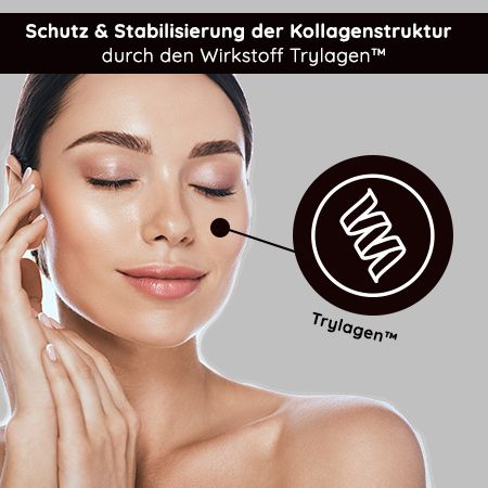 Frau mit Text: Schutz & Stabilisierung der Kollagenstruktur durch Trylagen™.