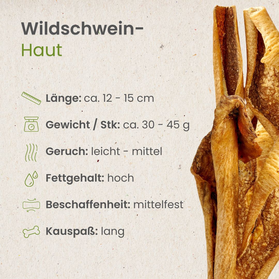 Getrocknete Schweinehaut: ca. 12-15 cm lang, 30-45g/Stück, leicht-mittel riechend, hoher Fettgehalt, mittelfest, lange Kaudauer.