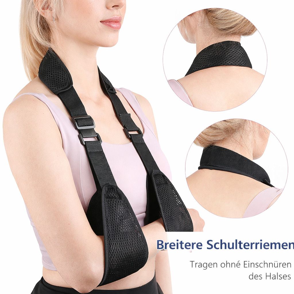 Person mit schwarzer Armschlinge. Breite Schulterriemen. Text: Breitere Schulterriemen, Tragen ohne Einschnüren des Halses.