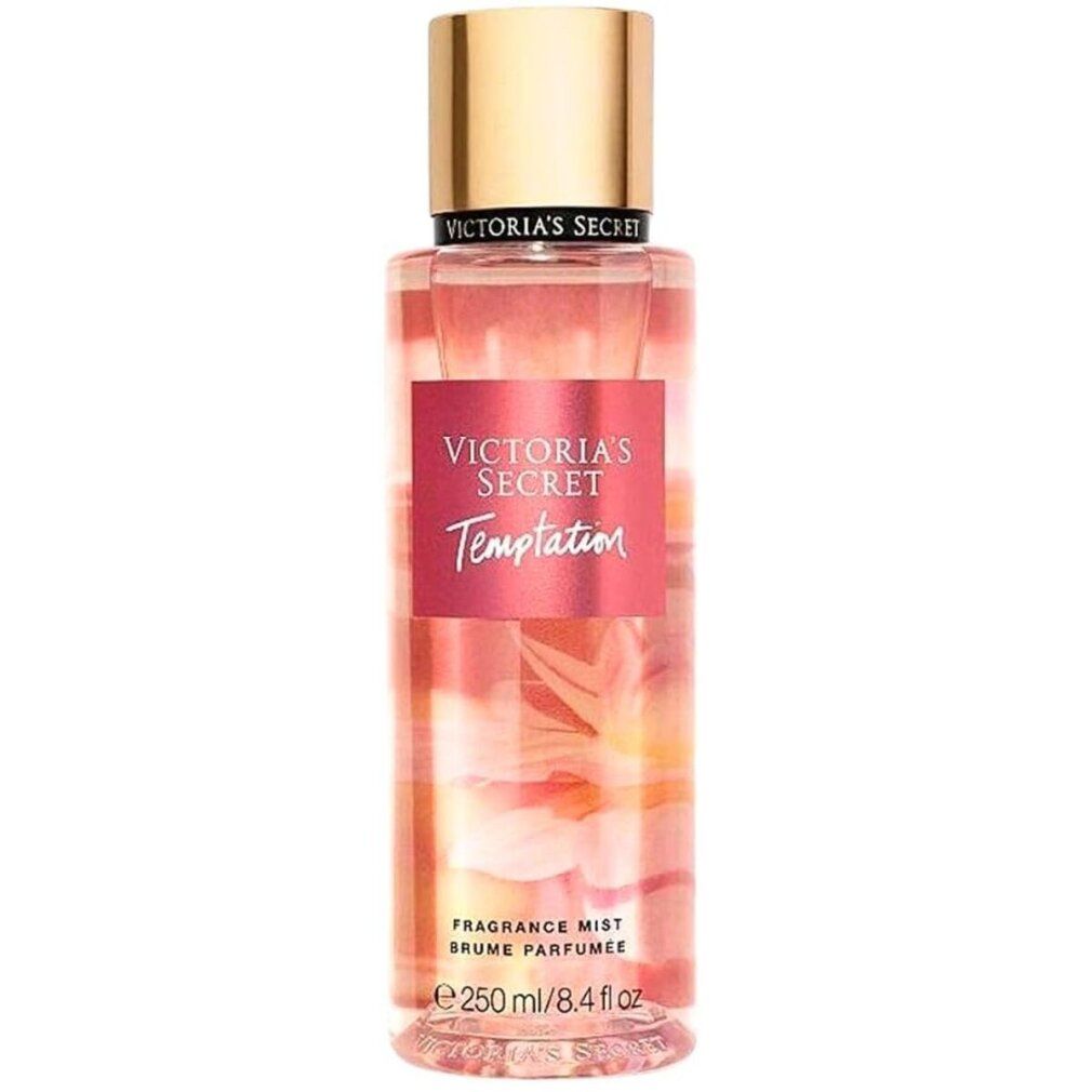 Victoria's Secret Temptation Fragrance Mist Spray. Rosa Flasche mit goldfarbenem Deckel. Text: Victoria's Secret, Temptation.