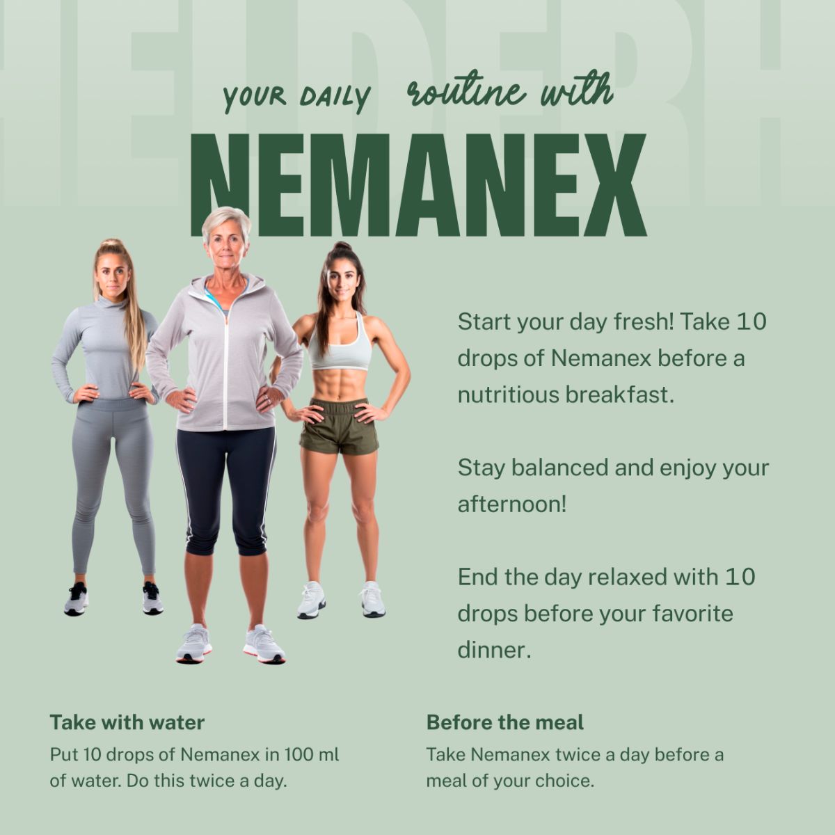 Nemanex: Drei Frauen in Sportkleidung stehen nebeneinander, daneben Anweisungen zur täglichen Anwendung.