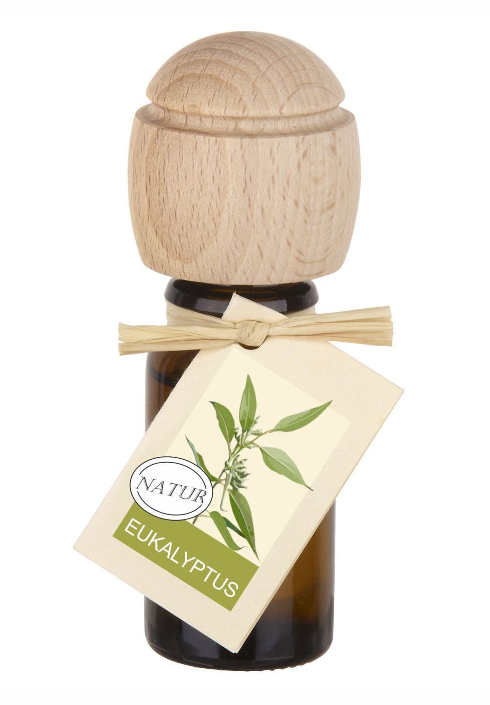 Braune Glasflasche mit Holzverschluss und Etikett. Etikett mit Natur-Logo und Eukalyptus-Abbildung.