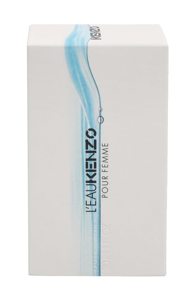 Weiße Verpackung mit blauem Design. Aufschrift: L'EAU KENZO POUR FEMME. Rechteckige Verpackung mit blauem, wellenförmigem Design.