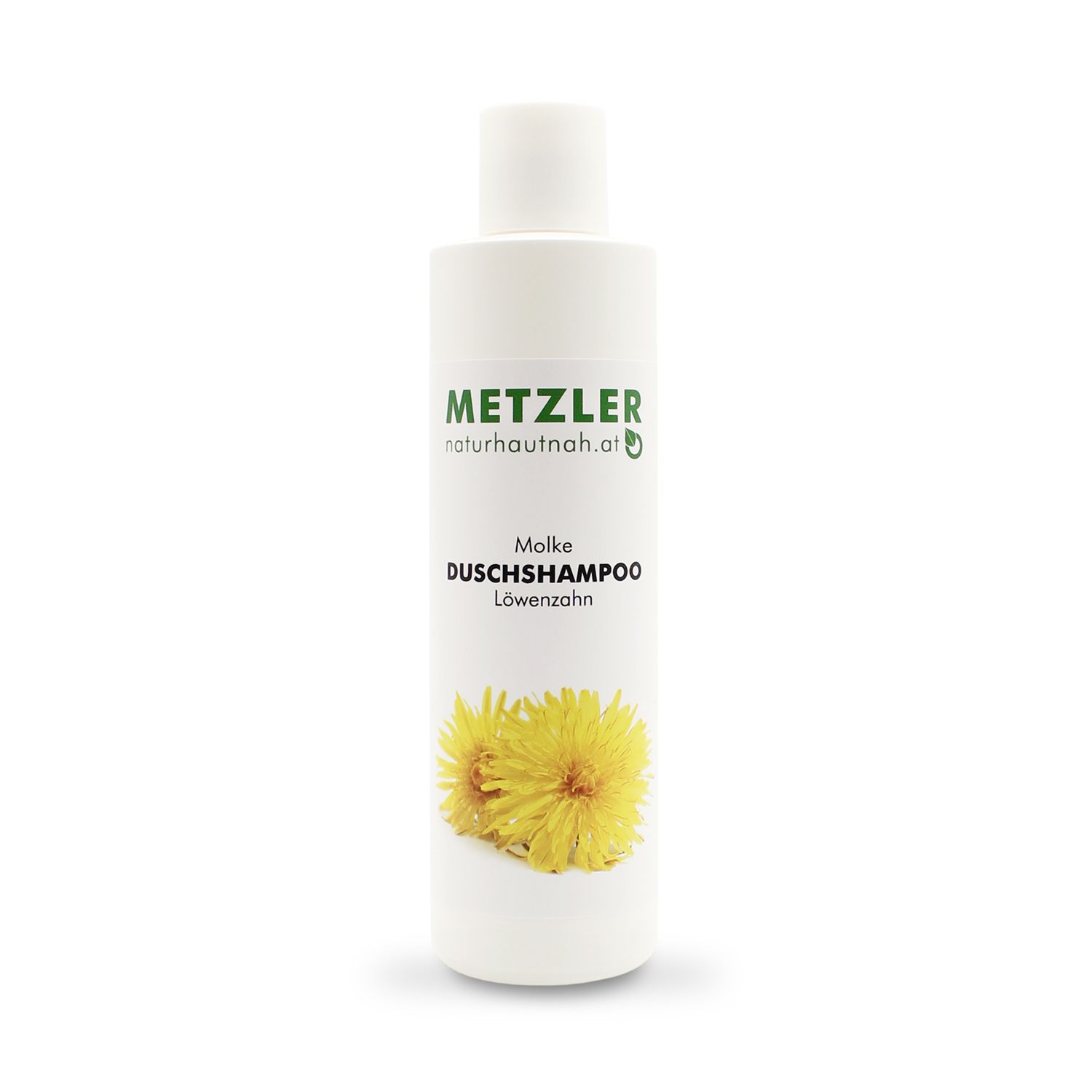 Weiße Flasche mit grünem METZLER-Logo und Produktbezeichnung: Molke DuschShampoo Löwenzahn. Abbildung von zwei gelben Löwenzahnblüten.