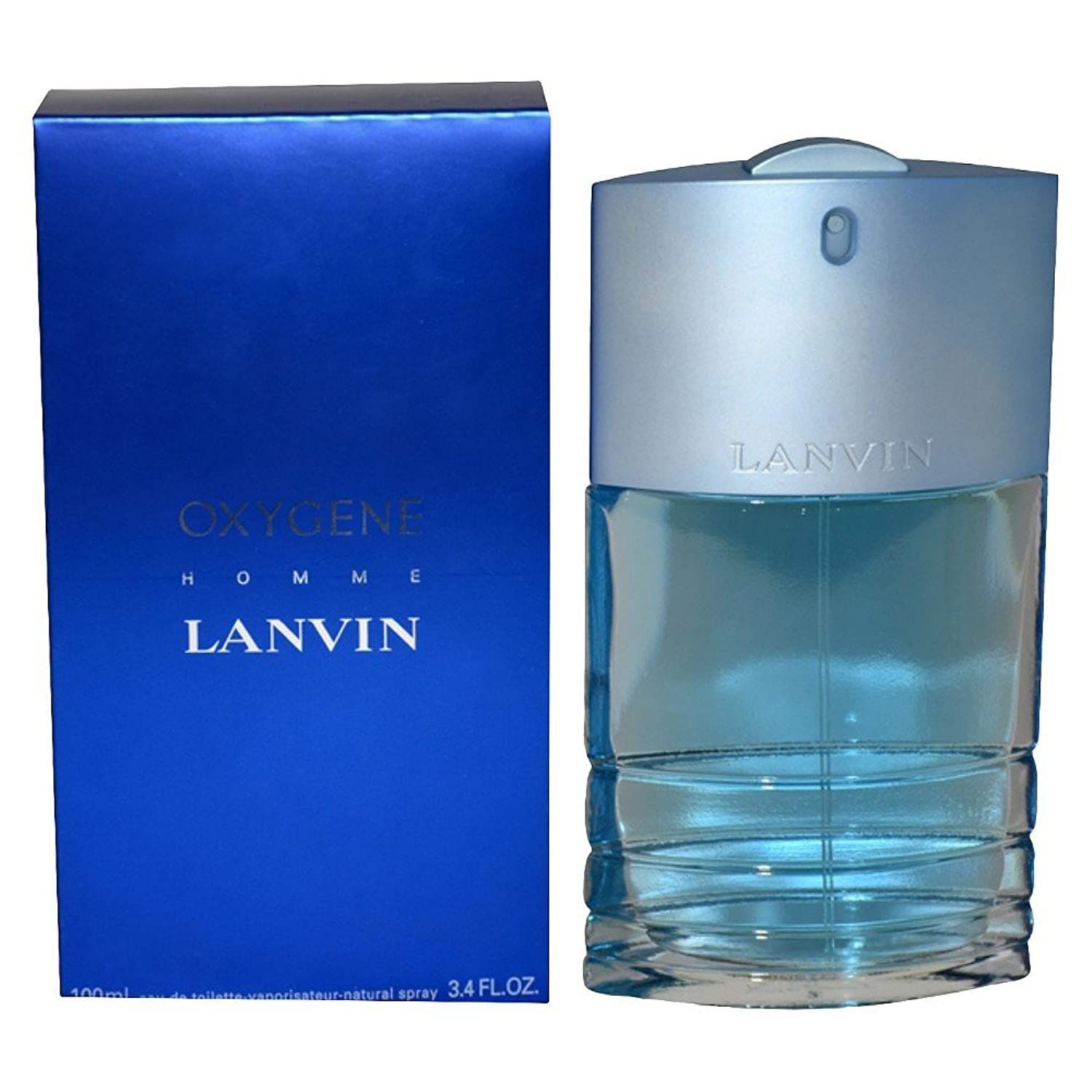 Blaues Parfum mit silbernem Deckel und blauer Verpackung. Aufschrift: OXYGENE HOMME LANVIN.
