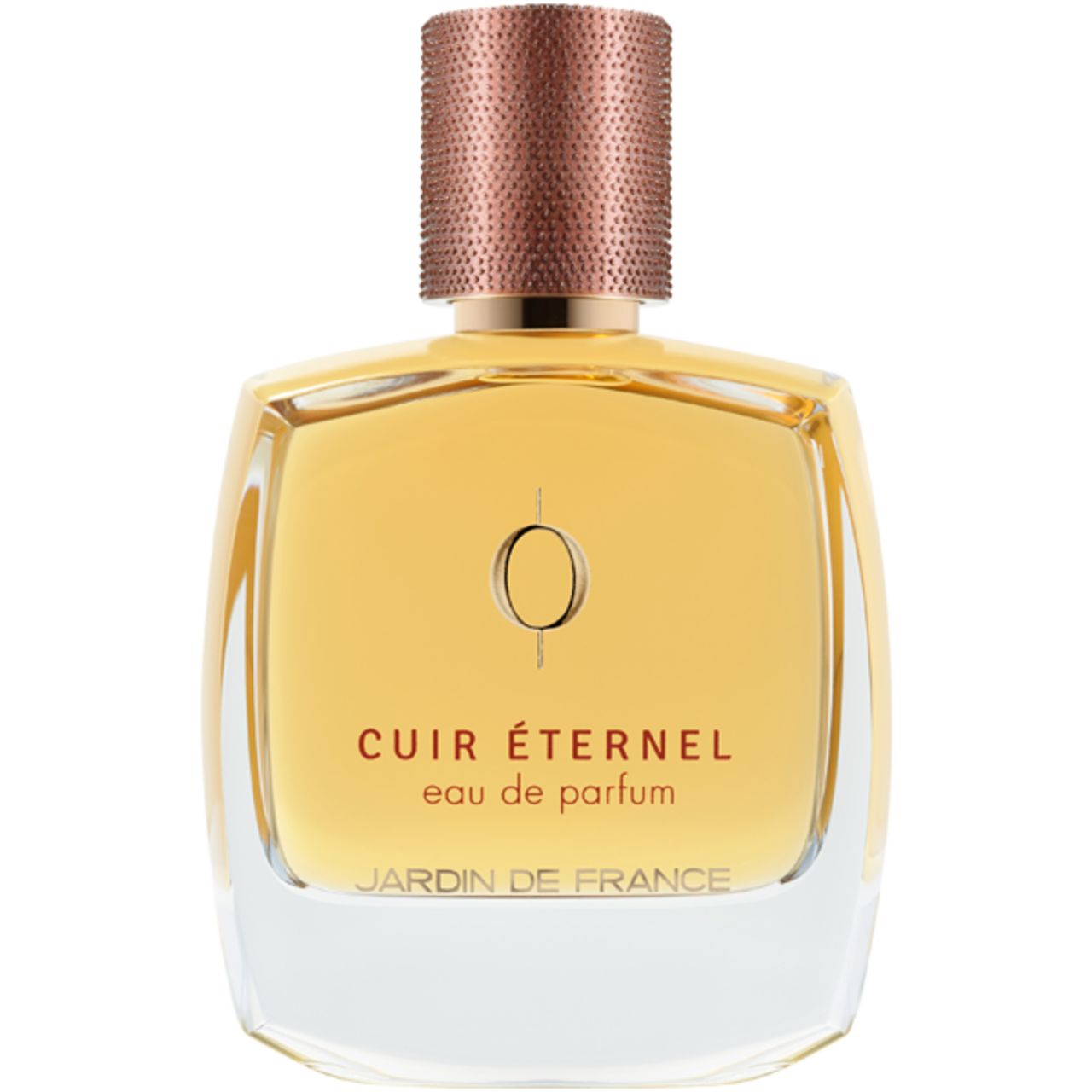 Parfümflakon mit kupferfarbenem Verschluss. Aufschrift: Cuir Éternel eau de parfum, Jardin de France. Gelbe Flüssigkeit sichtbar.