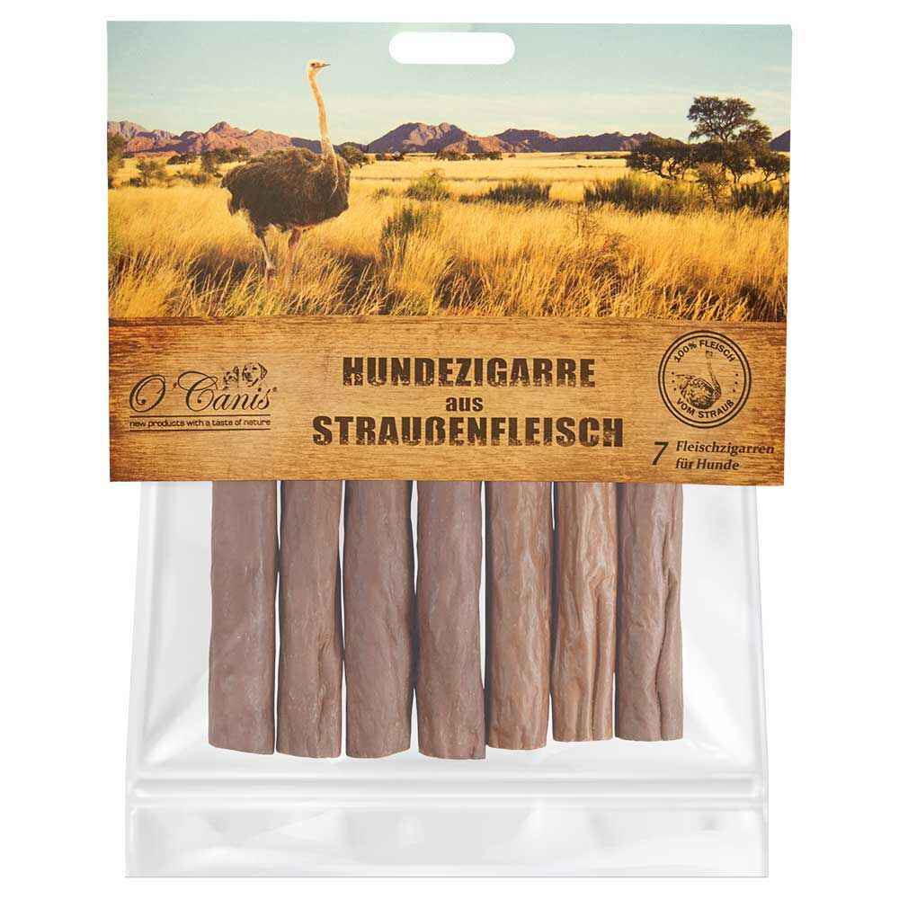 Packung Hundezigarren aus Straußenfleisch. 7 Stück in transparenter Verpackung. O'Canis Logo und Text.