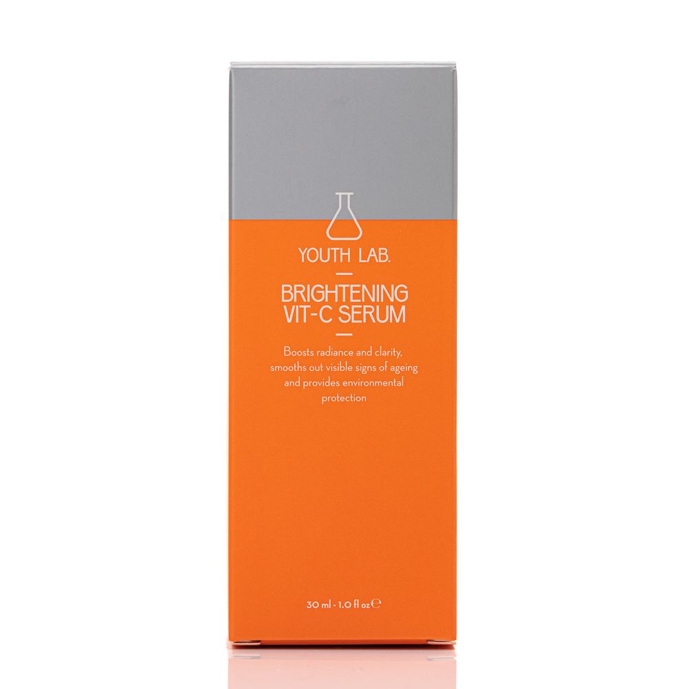 Verpackung in Orange und Grau. Aufschrift: YOUTH LAB Brightening Vit-C Serum. 30ml/1.0 fl oz.