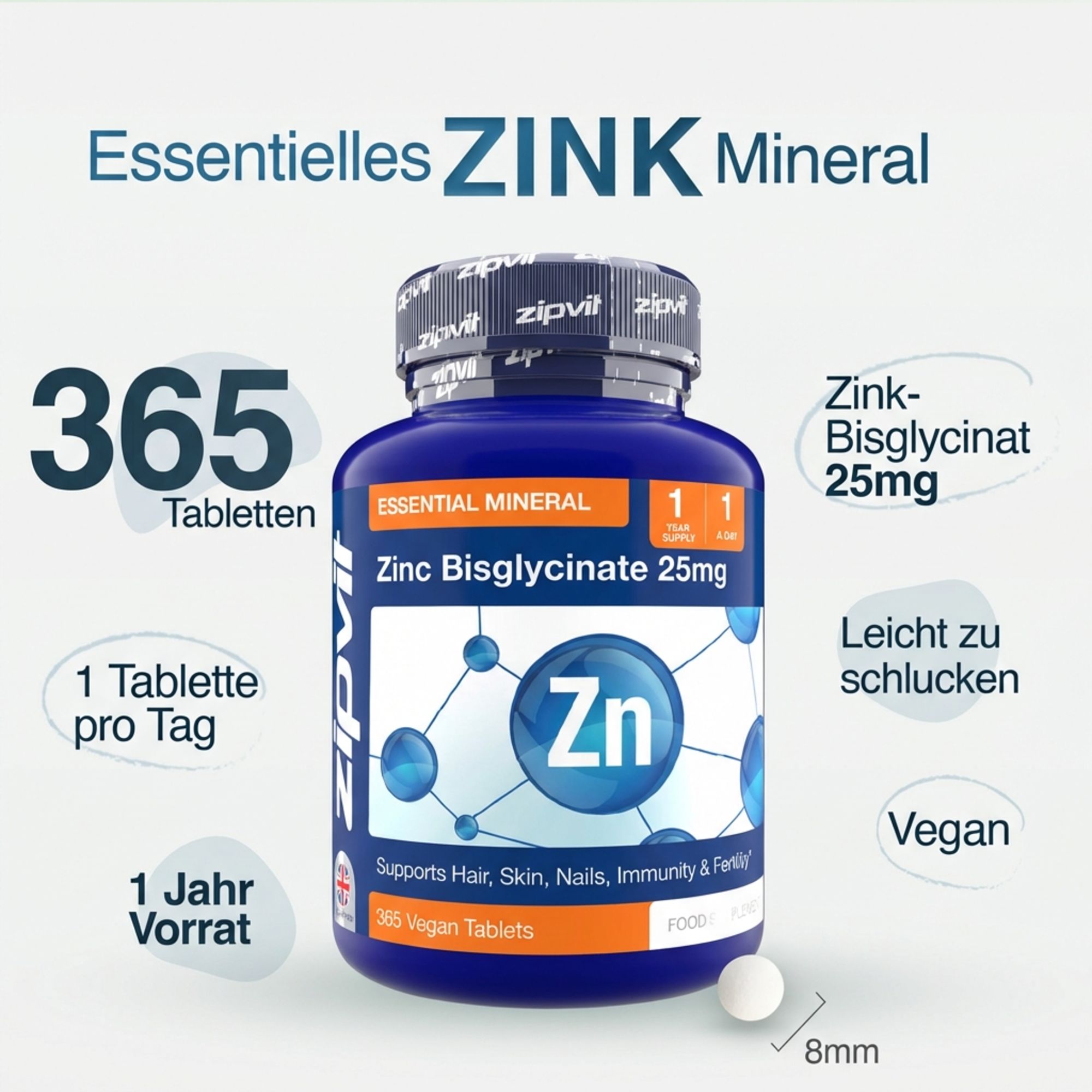 Blaue Flasche mit Zink Bisglycinat Tabletten. Enthält 365 Tabletten. Vegan. 8mm Tablette.