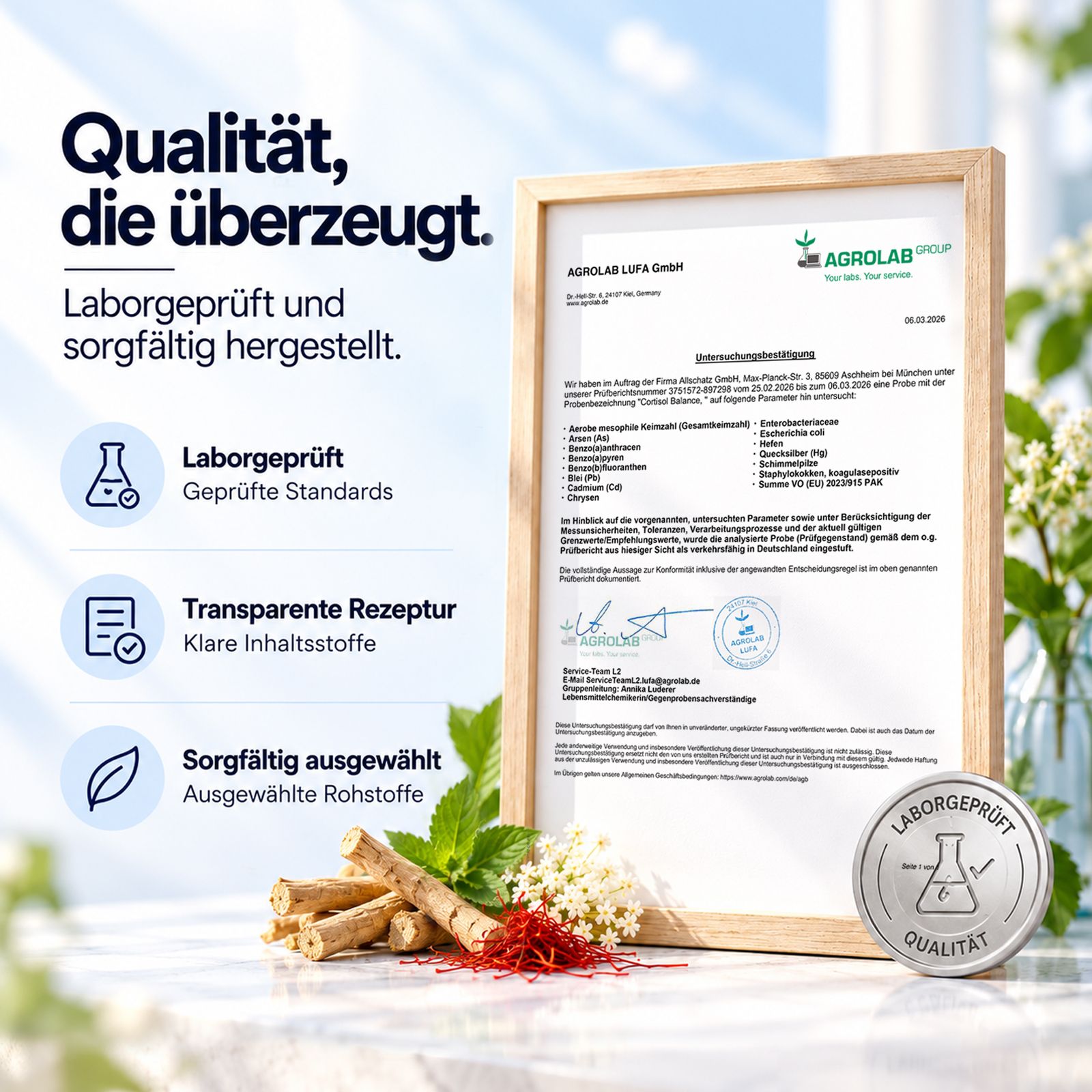 Zertifikat mit Laborprüfung, Qualitätsstandards, transparenter Rezeptur und ausgewählten Rohstoffen.