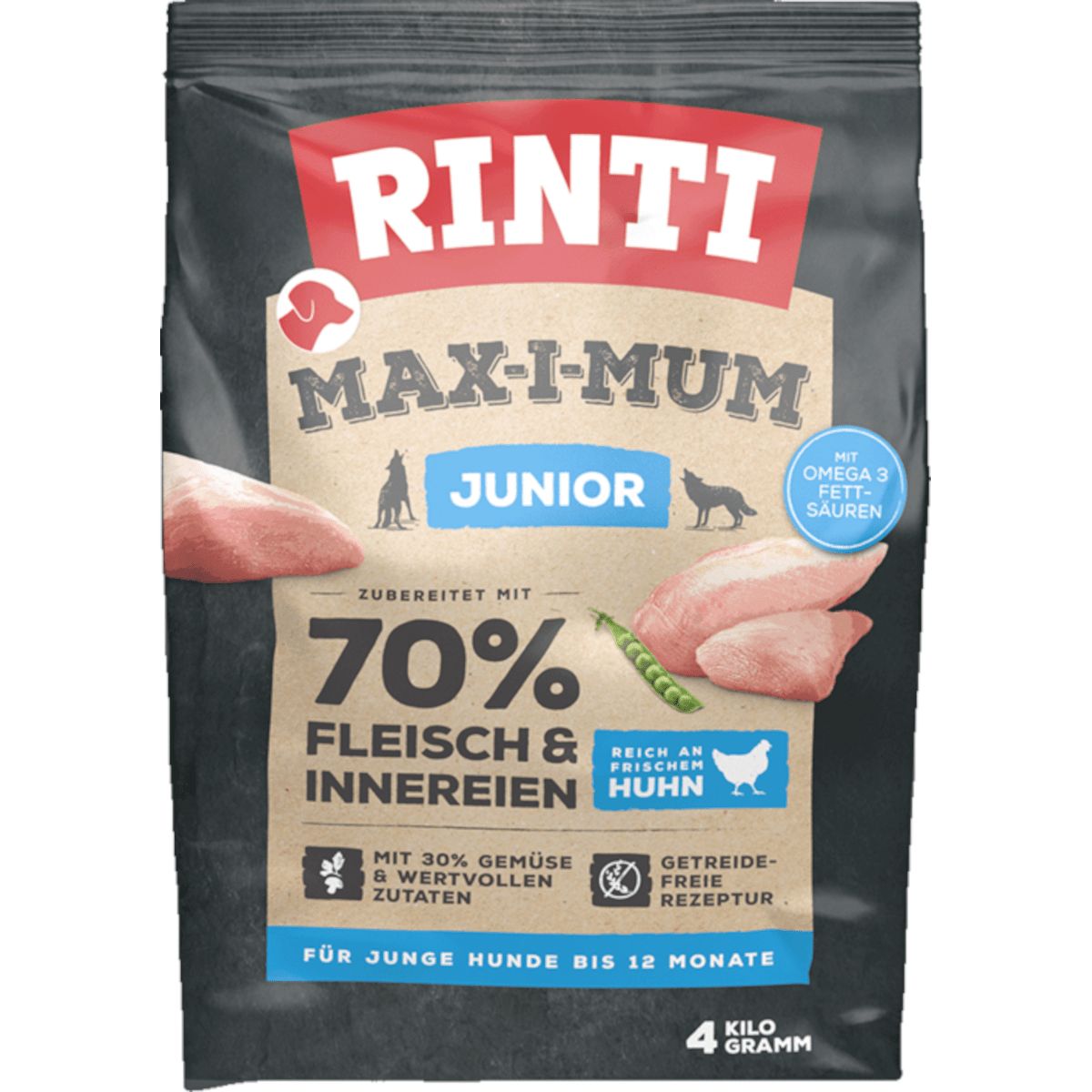 Rinti Max-i-Mum Junior Huhn Hundefutter, 4 kg. Mit 70% Fleisch & Innereien, Omega-3-Fettsäuren.