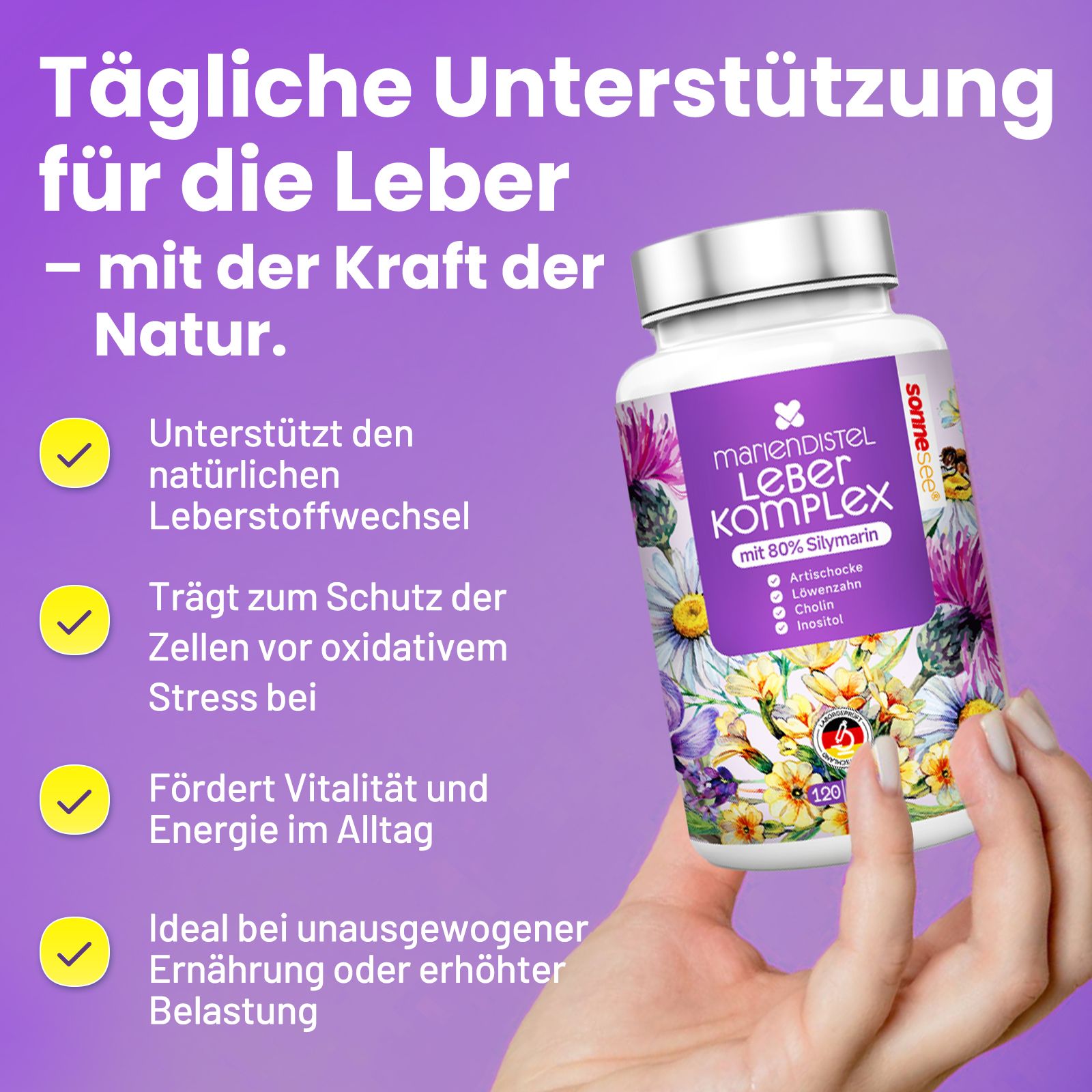 Flasche mit Mariendistel Leber Komplex Kapseln, mit 80% Silymarin.