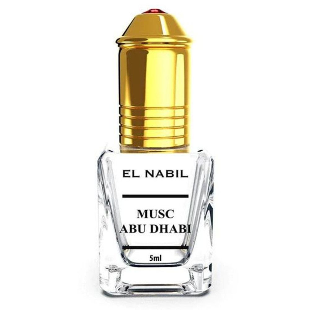 Parfümflakon mit goldfarbenem Deckel. Aufschrift: EL NABIL, MUSC ABU DHABI, 5ml. Transparenter, quadratischer Flakon.