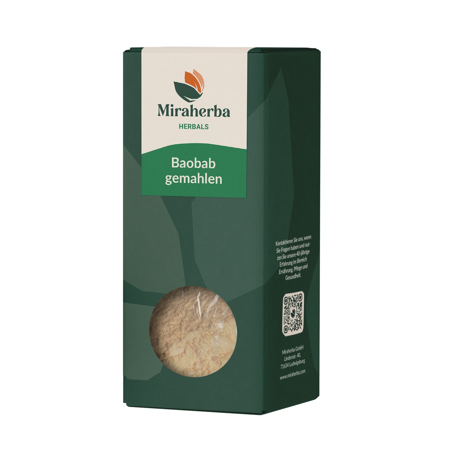 Grüne Verpackung mit Miraherba-Logo und Text "Baobab gemahlen". Runde Aussparung zeigt Inhalt. QR-Code und Text auf der Seite.