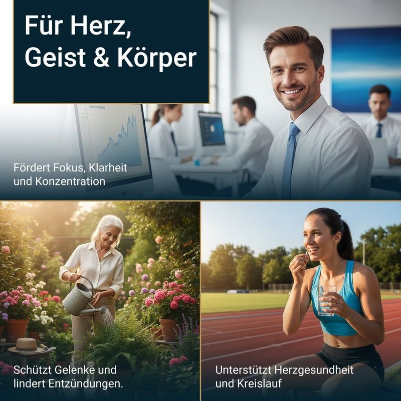 Werbebild mit drei Szenen. Mann im Büro, Frau im Garten, Frau beim Sport. Text: Für Herz, Geist & Körper. Fördert Fokus, Klarheit und Konzentration.