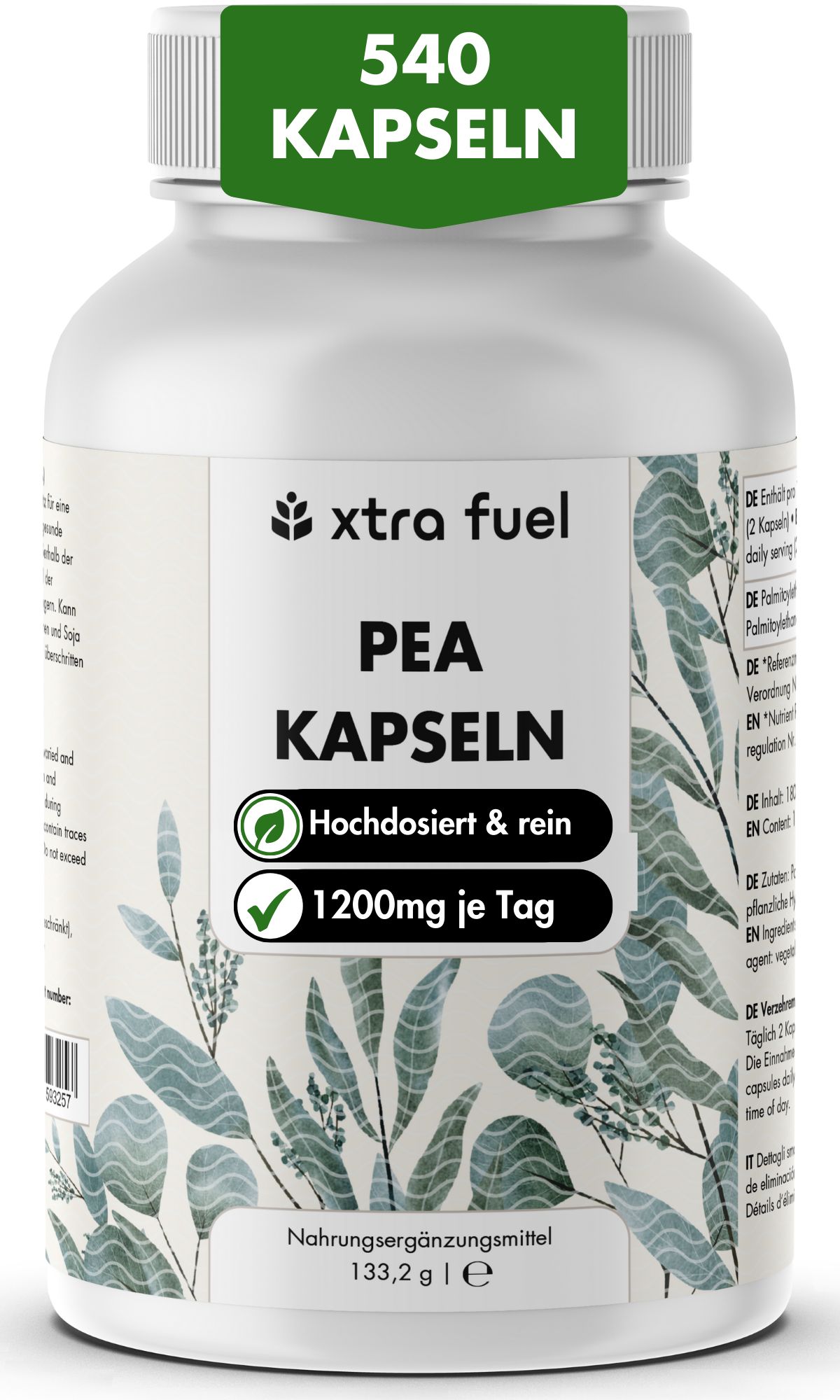 Weiße Flasche mit Kapseln. Aufschrift: XTRA FUEL PEA Kapseln. 540 Kapseln. Hochdosiert & rein. 1200mg je Tag.