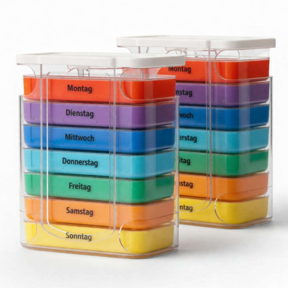Zwei Tablettenboxen mit farbigen Fächern für die Wochentage. Transparente Kunststoffboxen mit Deckel.