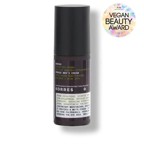 Zylindrische Flasche mit schwarzem Deckel. Aufschrift: KORRES, Borage Men's Cream, Vegan Beauty Award.