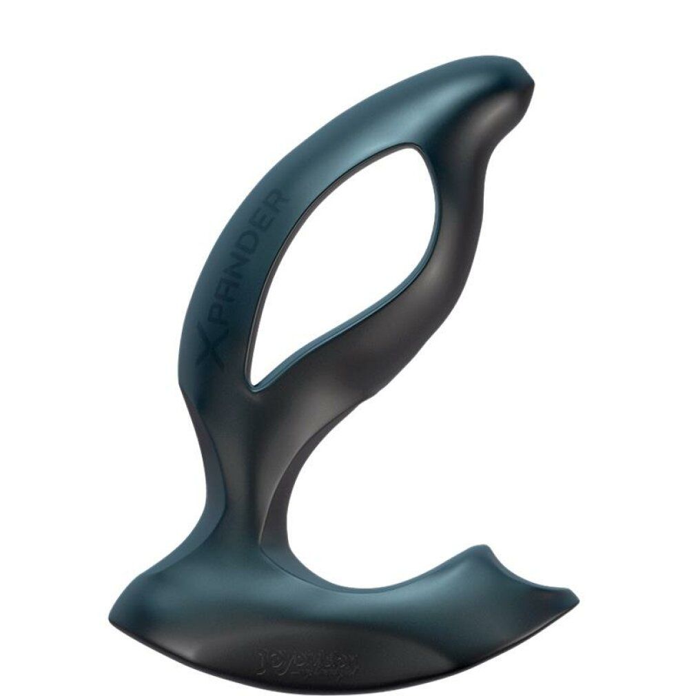 Schwarzes, ergonomisch geformtes Wellness-Produkt. Produktname XPANDER. Marke JOYDIVISION.