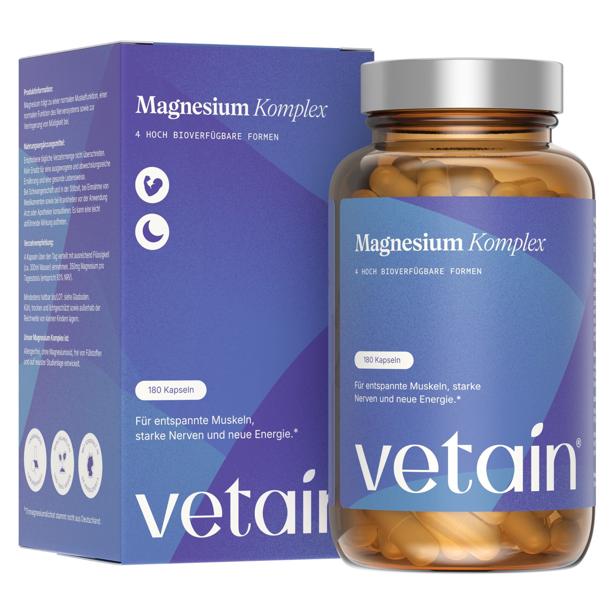 Vetain Magnesium Komplex - 4 hochbioverfügbare Formen vegan & hochdosiert Bisglycinat 180 St Kapseln