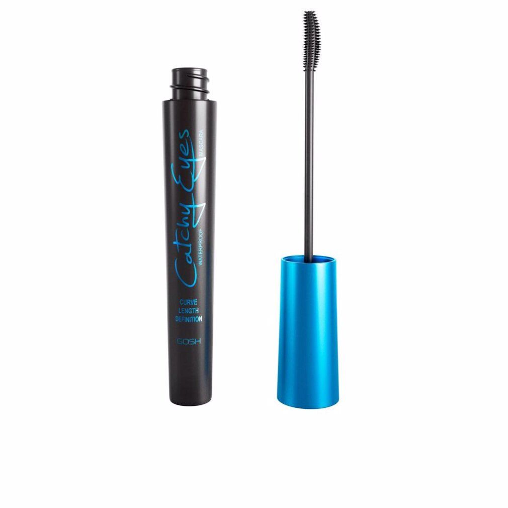 Schwarze Mascara-Tube und Bürste. Blaue Schrift: Catchy Eyes, Waterproof. Blaue Kappe. Schwarze Bürste.