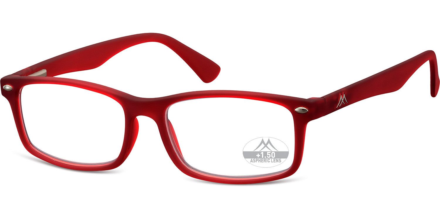 Rote Brille mit rechteckigen Gläsern. Montana Eyewear Logo und +1.50 Dioptrien-Kennzeichnung.