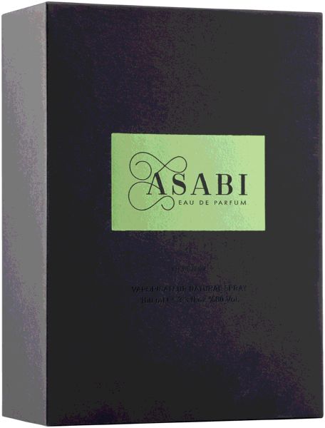 Schwarze Asabi Eau de Parfum Verpackung mit grünem Etikett und Produktinformationen.