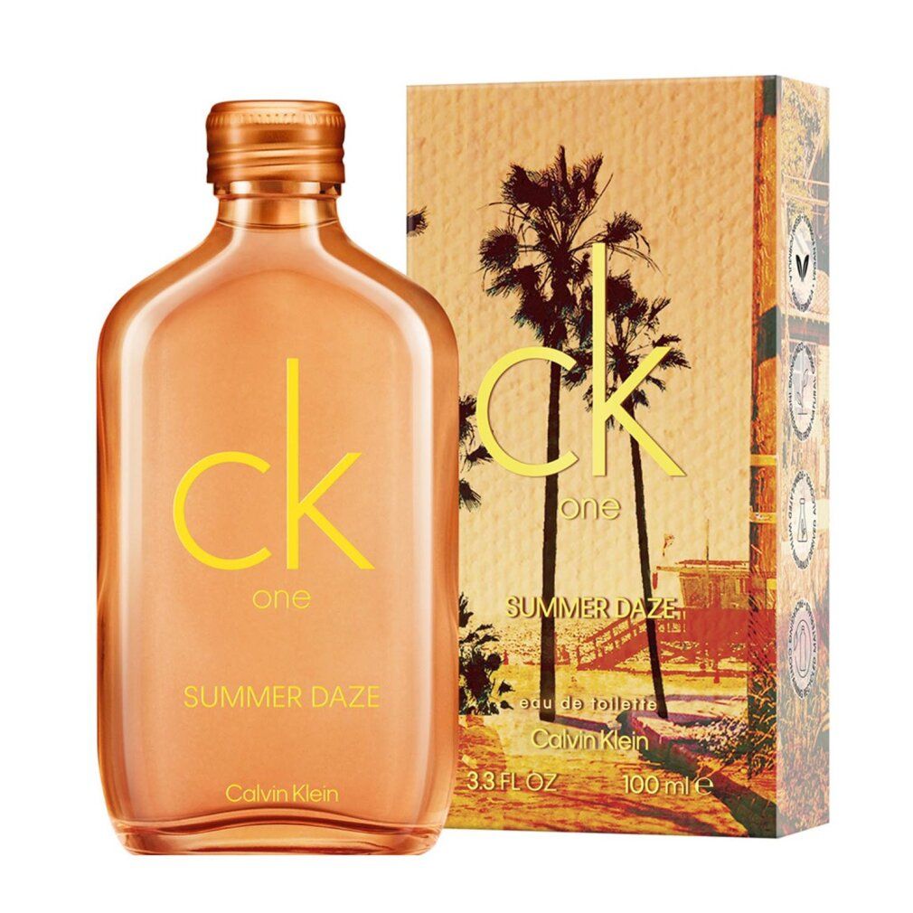 Flasche und Verpackung. Flasche orange mit gelbem "ck one SUMMER DAZE". Verpackung mit Palmen.