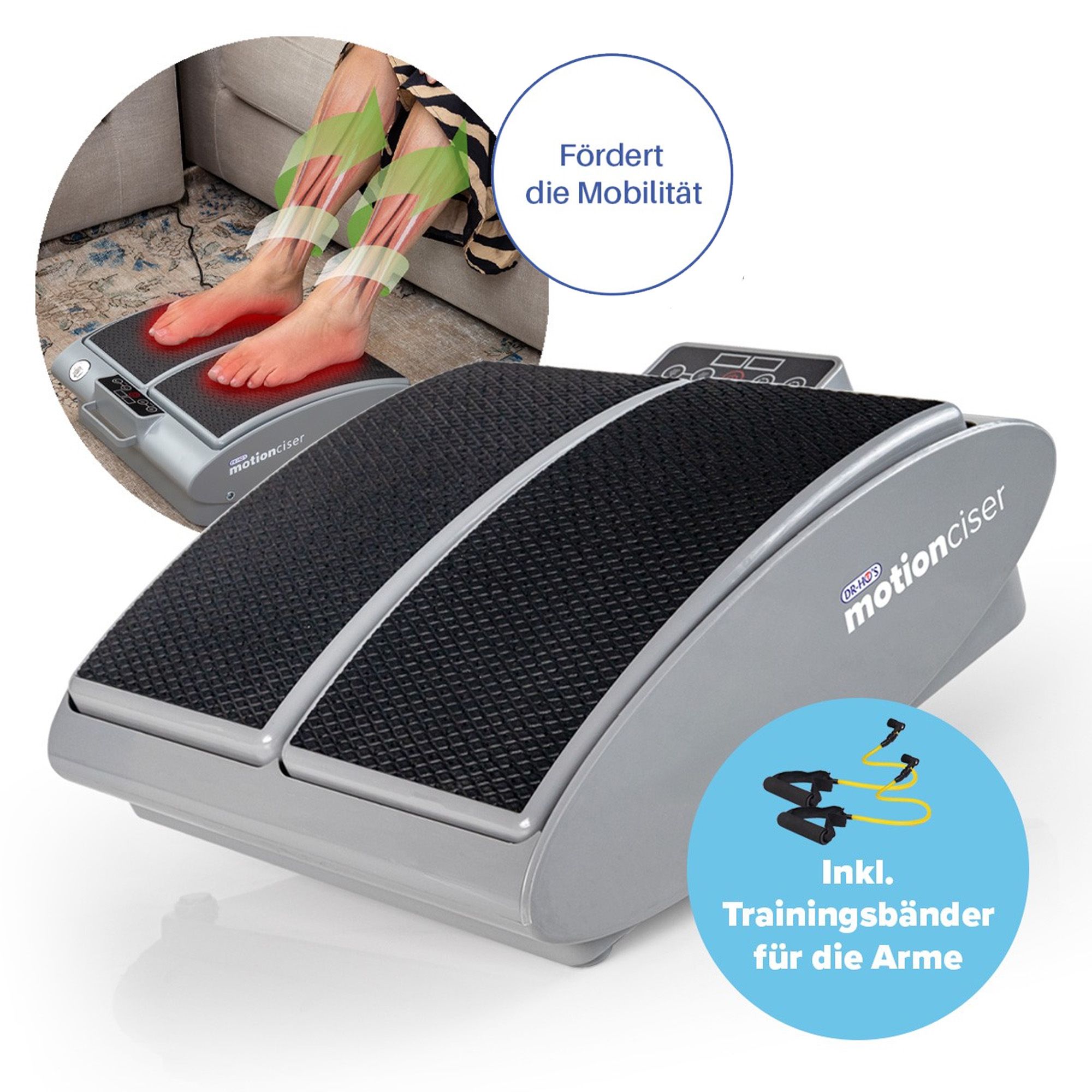 Graues Fußmassagegerät mit zwei schwarzen Fußauflagen. Inklusive Trainingsbändern. Text: motionciser.