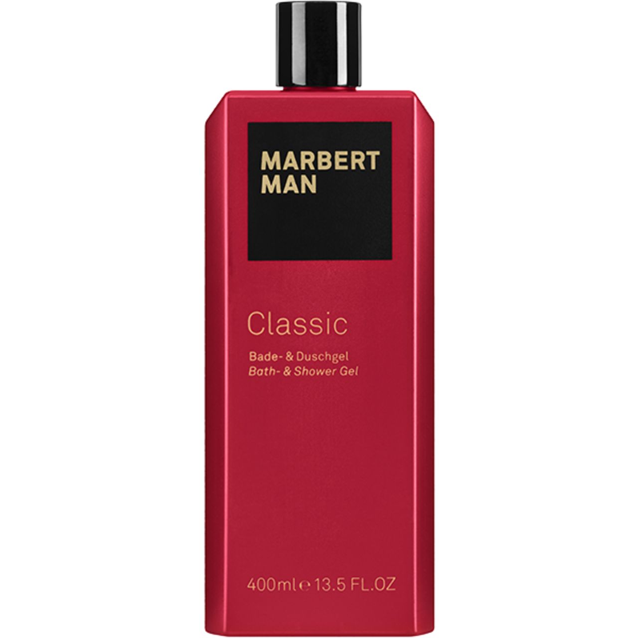 Rote Flasche mit schwarzem Deckel. Aufschrift: MARBERT MAN, Classic, Bade- & Duschgel, 400ml.