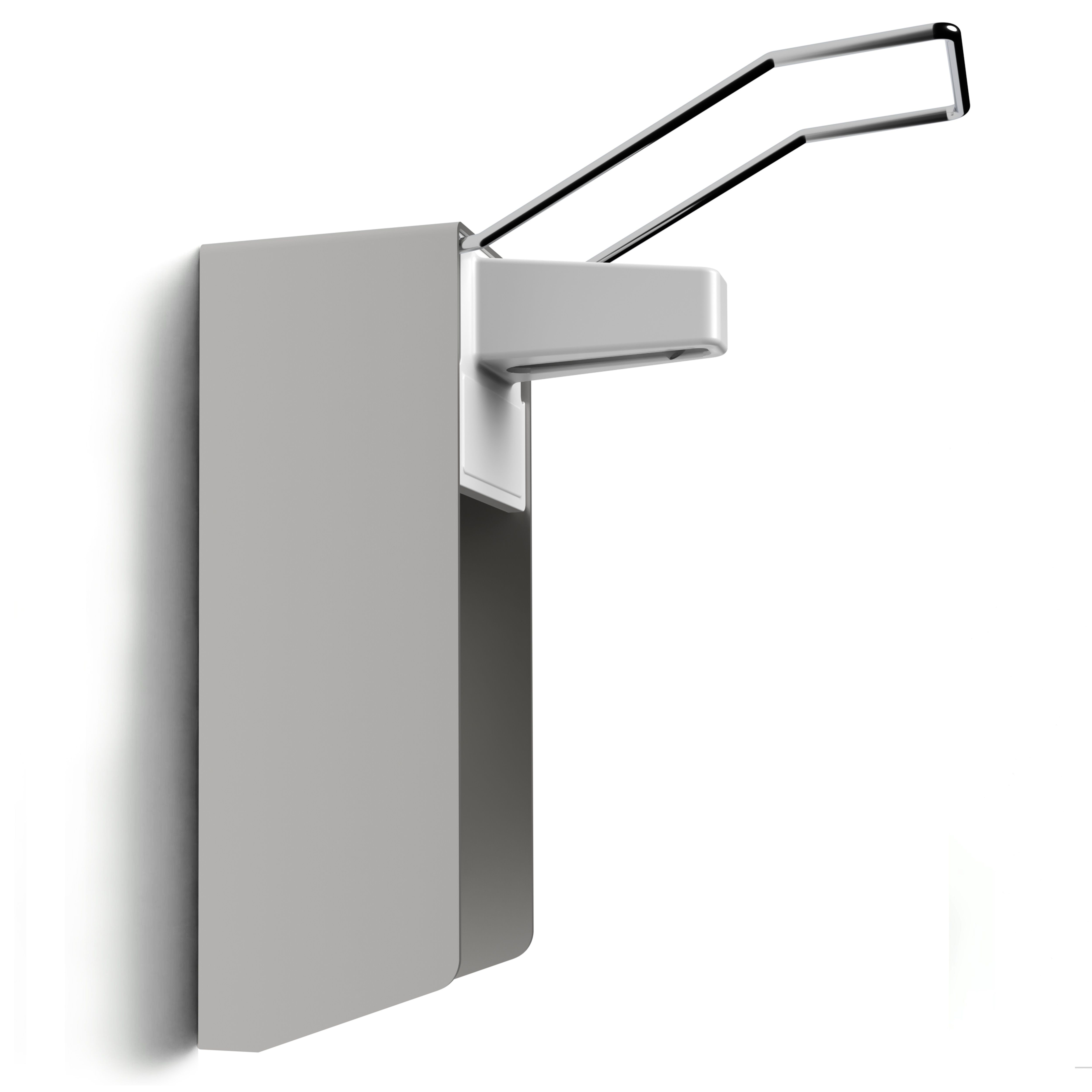 Seitenansicht des weißen Wandspenders mit langem Arm, an einer Wand montiert.