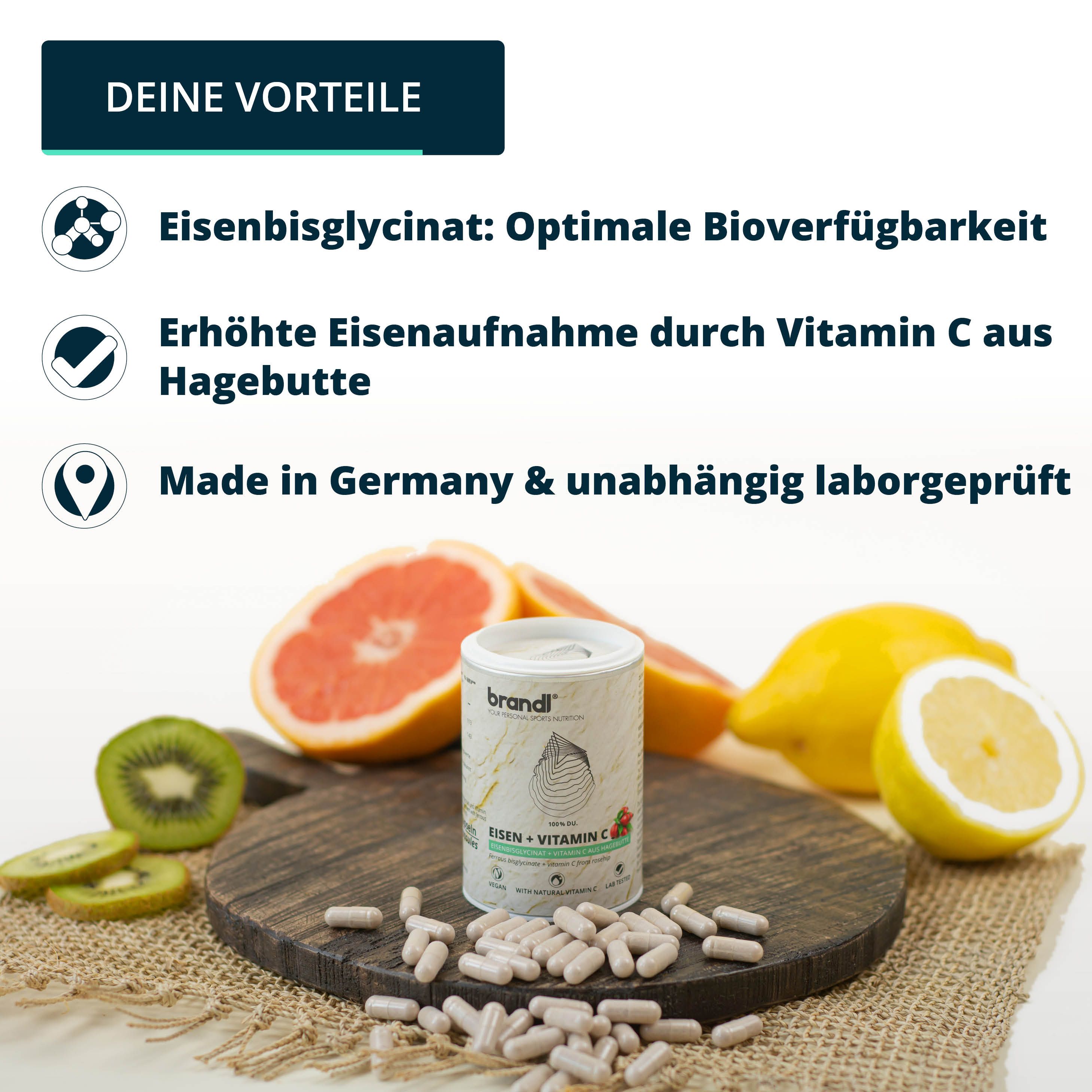 brandl® Eisen (aus Eisenbisglycinat) und Vitamin C aus der Hagebutte