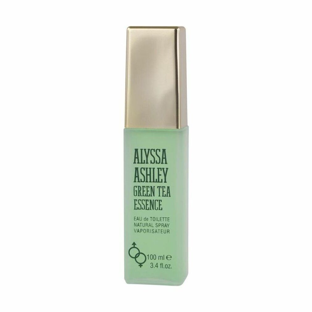 Alyssa Ashley Green Tea Essence EdT-Spray. Flakon. Grün und goldfarben. Aufschrift: Alyssa Ashley, Green Tea Essence, 100 ml.